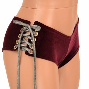 Burgundy Velvet Spandex Lace Up Ultra Cheeky Booty Shorts Rave Hot Pants Cheekies with Silver Holographic ties - 156262