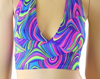 Neon UV Glow Worm Print Spandex Darted Tie Back Halter Top   152333