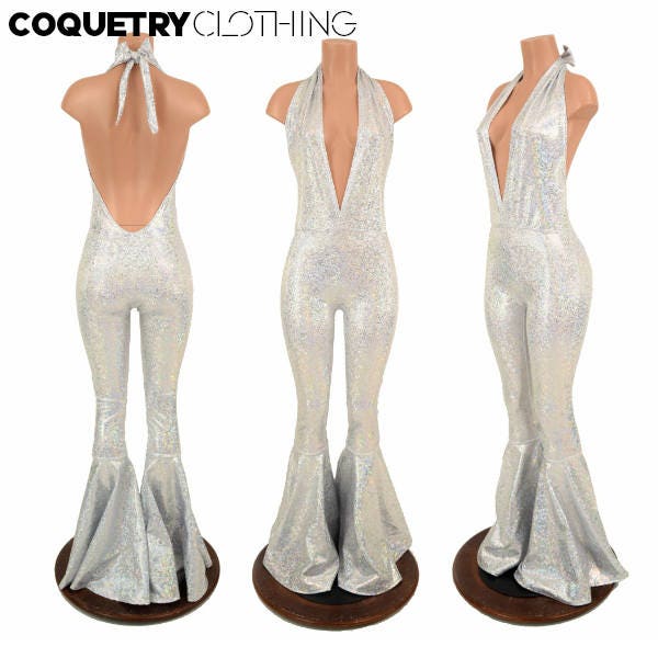 Silver on White Shattered Glass Holographic "Josie" Halter Catsuit with Bell Bottom Flares - 155103