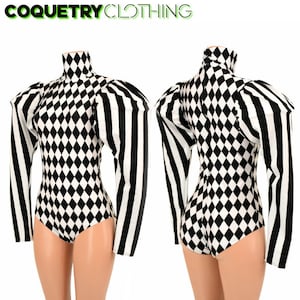 Black and White Diamond Print High Turtle Neck Back Zipper Siren Cut Romper with Black and White Stripe Puffed Victoria Sleeves - 155271