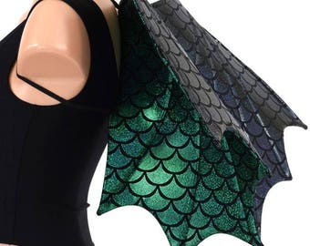 Two Tone Black Dragon Scale (BACK)/Green Dragon Scale (FRONT) Wireless Dragon Wings Sparkly Holographic Shiny (Wings Only) - 154770