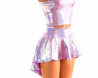3PC Rave Outfit Lilac Purple Sparkly Jewel Holographic Crop Tank, Hi Lo Skirt & Cheeky Booty Shorts152434