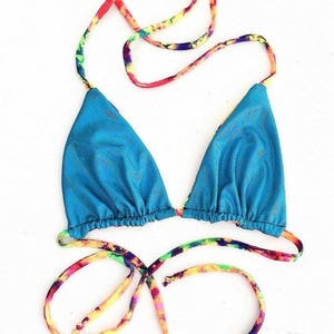 Reversible Triangle Slide Bikini Top in UV GLOW Acid Splash & Peacock Holographic w/Acid Splash Straps Pool Beach Swim - 154678