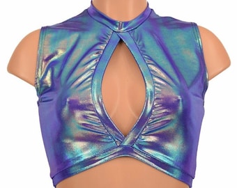 May include: A sleeveless iridescent crop top with a keyhole cutout in the front. The top is made of a stretchy, shiny fabric and has a high neckline.