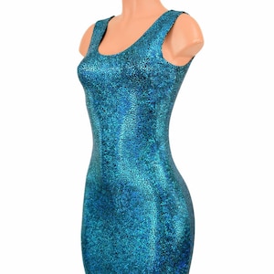 Turquoise Shattered Glass Bodycon Clubwear Dress with Tank Style Neckline  - E7897