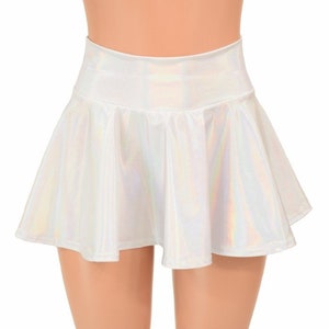 May include: A white iridescent mini skirt with a high waist and a flared hem.