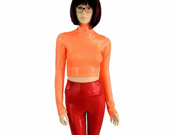 70's Super Sleuth Set Orange Sparkly Jewel Long Sleeve Turtleneck Crop Top with Red Sparkly Jewel High Waist Bell Bottom Flares