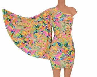 One Shoulder Fan Sleeve Bodycon Dress in Stretchy Spandex UV Glow Neon Flux -