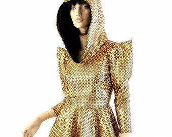 Gold Fish Scale Sharp Shoulder 3/4 Sleeve Hooded Fit and Flare Skater Dress with Black Zen Hood Lining