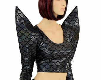 Mega Sharp Shoulder Pointy Black Dragon Scale Long Sleeve Crop Top