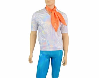 70's Super Sleuth Set Men's Flashbulb Holographic V Neck Short Sleeve Top & Peacock Blue Bootcut Pants w/Orange Sparkly Jewel Ascot 154783