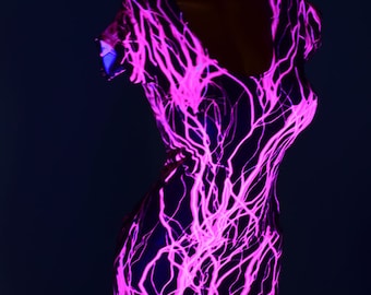 Neon UV Glow Pink Lightning Print Bodycon Spandex Dress with Scoop Neck and Cap Sleeves -150171