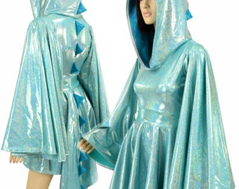 Seafoam Holographic Fan Sleeve Hoodie Skater Dress with Dragon Tail Hemline, Peacock Holographic Spikes & Hood Liner
