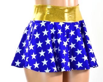 Blue & White Star Print Circle Cut Super Hero Mini Skirt with Gold Waist Band
