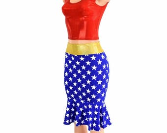 2PC Red Metallic CROP Top, Blue & White Star Print High Waist Ruffled Wiggle Skirt w/Gold Metallic Waistband