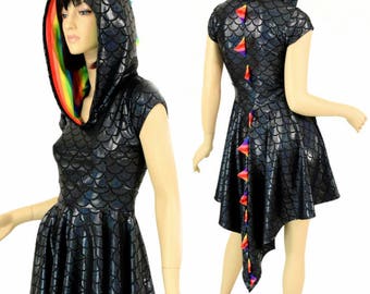 Black Dragon Scale Cap Sleeve Hoodie Skater Dress with Dragon Tail Hemline, Rainbow Stripe Spikes & Hood Liner 154905