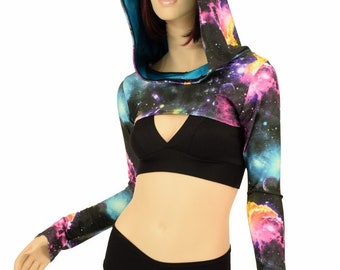 UV GLOW Galaxy Print Hooded Long Sleeve Bolero with Peacock Holographic Hood Liner (Bolero only, tank top sold separately) - 155996