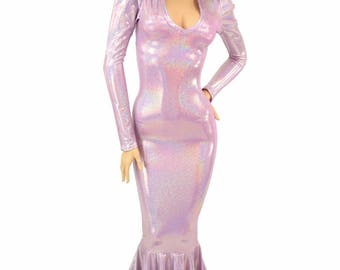 Glamorous, Bombshell Lilac Holographic Sharp Shoulder Gown with V Neck, Long Sleeves and Puddle Train - 155004