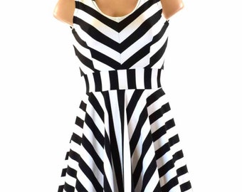 Black & White Stripe Tank Sleeve Fit and Flare Skater Dress 151219