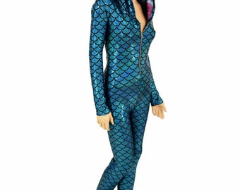 Turquoise Dragon Scale Zipper Front Long Sleeve Hooded Catsuit w/UV GLOW Galaxy Hood Liner and Black on Black Shattered Glass Spikes 155276