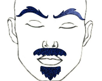 Blue Sparkly Jewel "Rugged" Facial Fashion Kit Body Stickers Fake Beard Mustache Eyebrows Drag King