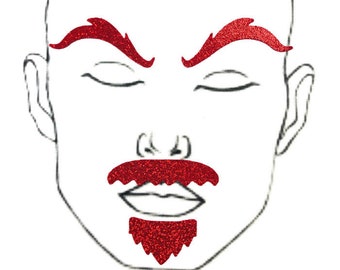 Red Sparkly Jewel "Rugged" Facial Fashion Kit Body Stickers Fake Beard Mustache Eyebrows Drag King