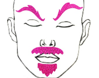 Pink Sparkly Jewel Holographic "Rugged" Facial Fashion Kit Body Stickers Fake Beard Mustache Eyebrows Drag King