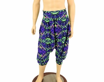 May include: A pair of purple, green, and black patterned harem pants with a wide elastic waistband.
