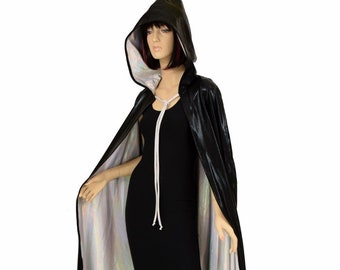 50" or 60" Long Full Length REVERSIBLE Black Mystique and Flashbulb Holographic Hooded Cape Cloak - 155652