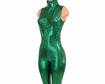 May include: A green sparkly sleeveless jumpsuit with a high neck.