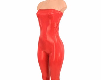 Red Sparkly Jewel Strapless Tube Top Catsuit- 157397