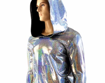 Mens Silver Holographic Long Sleeve Hoodie Shirt w/Black Zen Hood Liner Rave Space Festival Burning Man Clubwear 154026