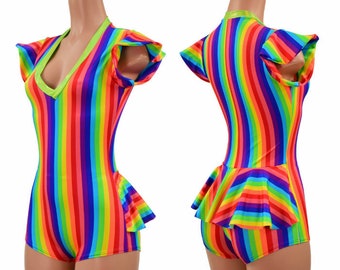 Vertical Stripe Rainbow Romper with Flip Sleeve, Ruffle Rump, Boy Cut leg, and  Lime Holographic V Neck - 156880