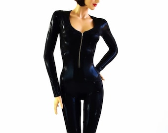 Sleek Black Mystique Metallic Long Sleeve Zipper Front Catsuit with Scoop Neckline -