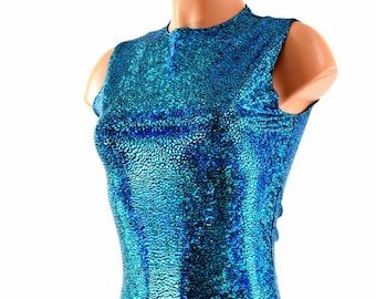 Full Length Sleeveless Holographic Top with Crew Neckline in Turquoise on Black Holographic -