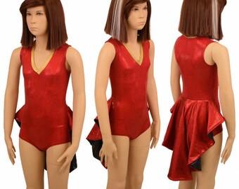 Kids Red Sparkly Jewel Sleeveless Tuxedo Style Ruffle Rump Romper with brief cut & Gold SJ V Neck // Black Holo Tuxedo Underlayer -