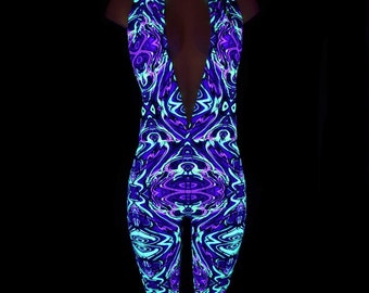Neon Melt UV GLOW "Josie" Halter Catsuit with Bell Bottom Flares