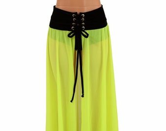 NEON UV Yellow Mesh Lace Up Open Front Skirt with Black Zen waistband and ties - 156464