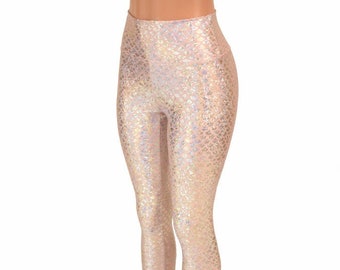 High Waist Mermaid Leggings in Silver on Pink Round Scale  7449