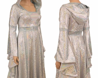Icy White Queen Marian Gown with Sorceress Sleeves and Wide Hood - EMK156827