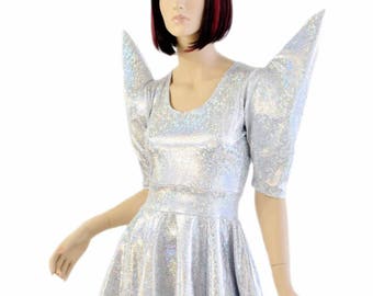 Silver on White Shattered Glass Skater Dress with Scoop Neckline and Mega Sharp Shoulder Half Sleeves 151627