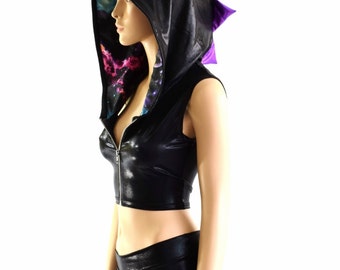 Black Mystique Sleeveless Zipper Front Hoodie & Midrise Shorts Set with Galaxy Hood Liner and Grape Holographic Spikes - 154076