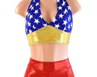 Blue and White Star Gold Sparkly Jewel Band Tie Back Halter & Red Sparkly Jewel Mid Rise Shorts Set