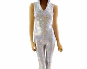 Shattered Glass Silver on White Holographic Sleeveless Hooded Catsuit with Flashbulb Hood Liner 150403