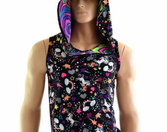 Mens Sleeveless Neon Rainbows and Unicorns Print Shirt with Glow Worm Hood Lining & Dragon Spikes -154048