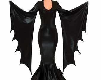 Succubus Sleeve Puddle Train Gown in Black Mystique Metallic with V neckline 156367