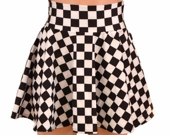 Black & White Checkered Print Circle Cut Mini Skirt 152017