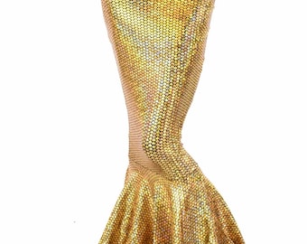 High Waist GOLD Shimmering Holographic Fish Scale Metallic Mermaid Tail Skirt