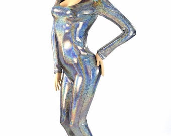Silver Holographic Long Sleeve Scoop Neck Catsuit Bodysuit