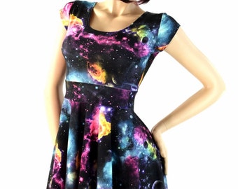 UV Glow Galaxy Print  Cap Sleeve Fit and Flare Skater Skate Dress  -E7846